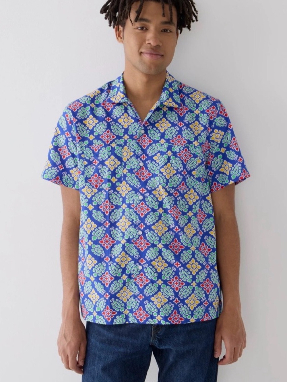 J. Crew Men's Short-Sleeve 100% Slub Cotton Camp-Collar Shirt Colorful Vibrant